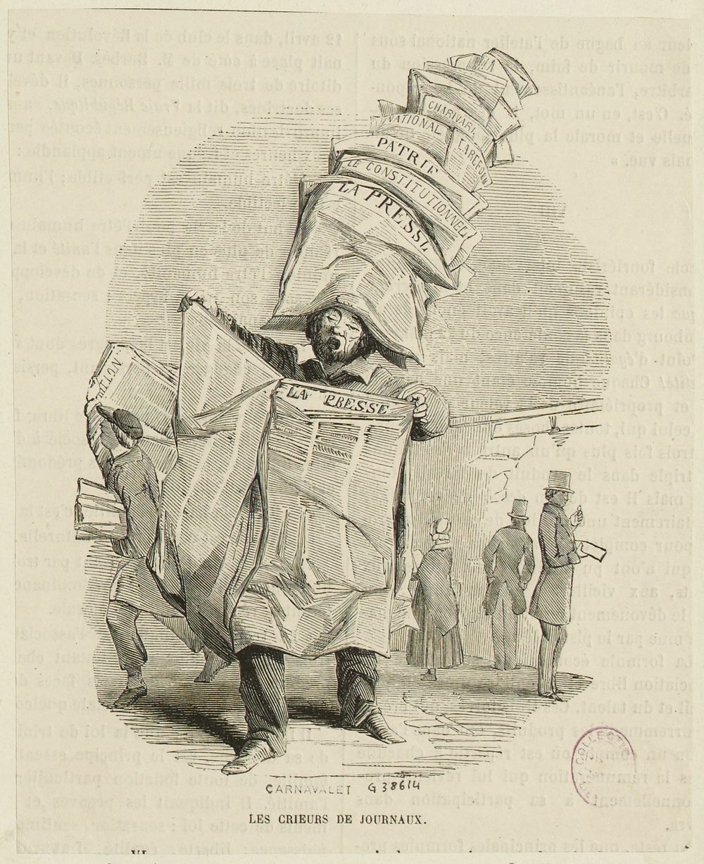 Une image dessinée en style d’époque avec un crieur montrant un journal avec des journaux en guise de chapeau(x). En légende : les crieurs de journaux.